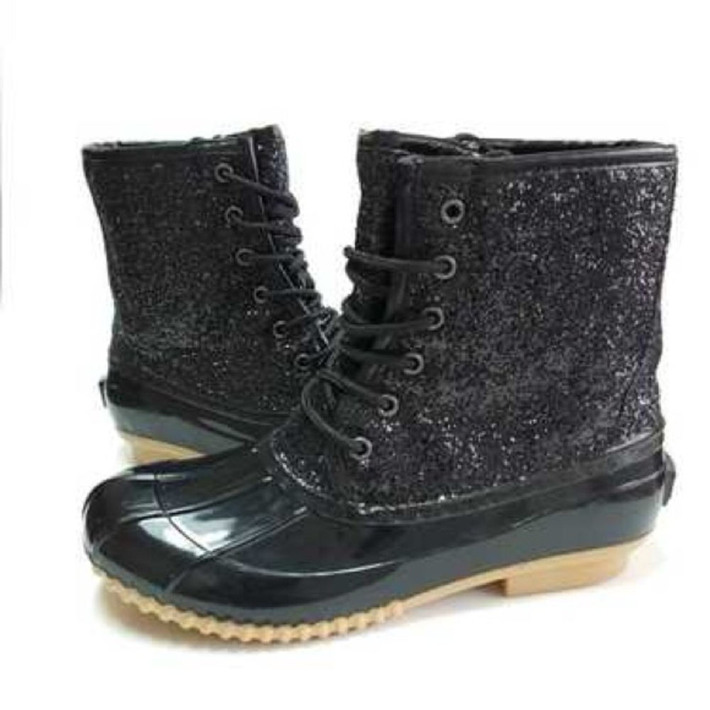 Sugar Duck Boots Women's Size 8 Skipper Glitter Black Rain Boot Fleece Lined